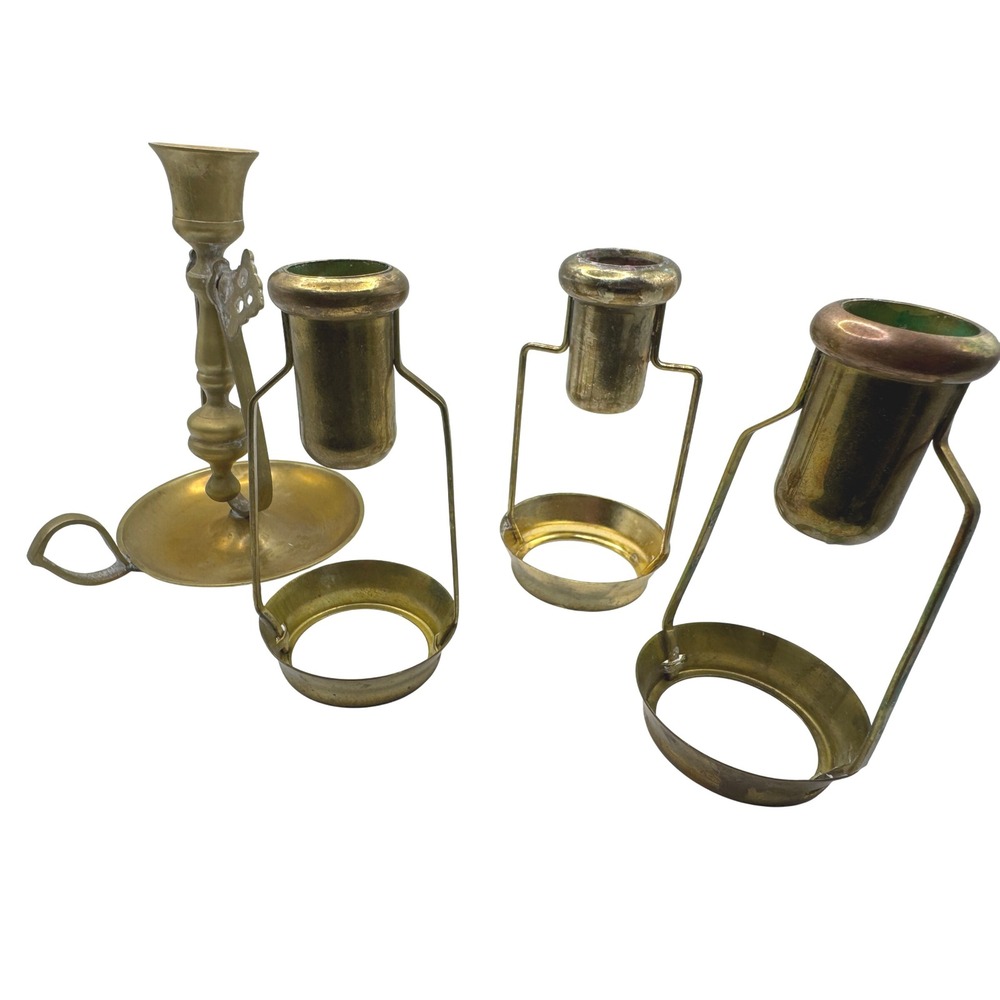 Vintage Brass Candlestick Holder Finger Loop & Votive Holders Set Antique